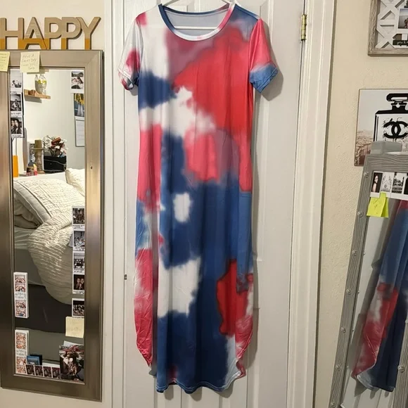 Amazon | Dresses | Red White Blue Tie Dye Maxi Dress | Poshmark